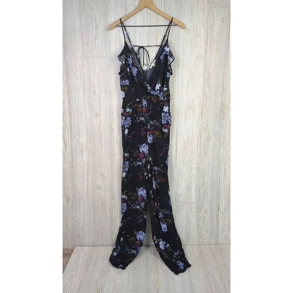 American Eagle Outfitters Women Small Long Faux Wrap Floral Print Jumpsuit Black